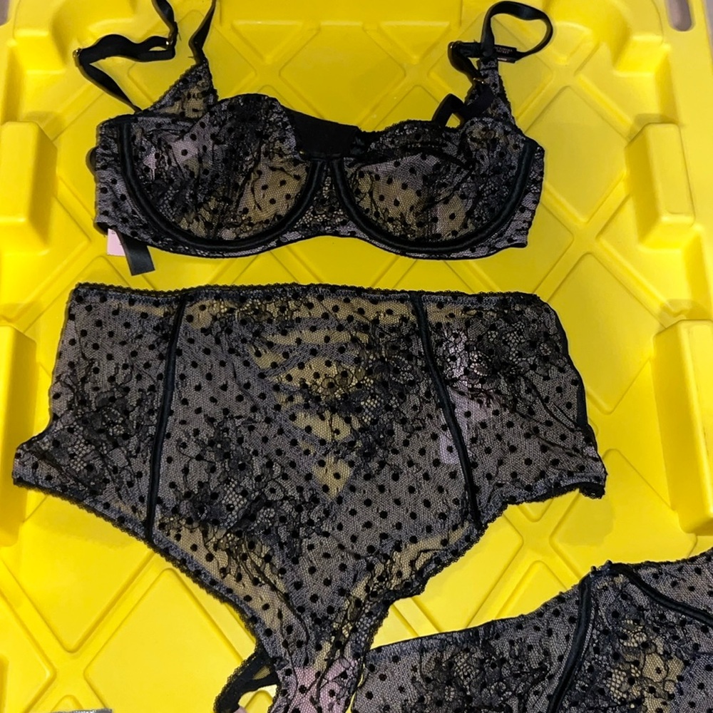 NWT- VICTORIAS SECRET BLACK UNLINED 32C bra and 2 small matching panty